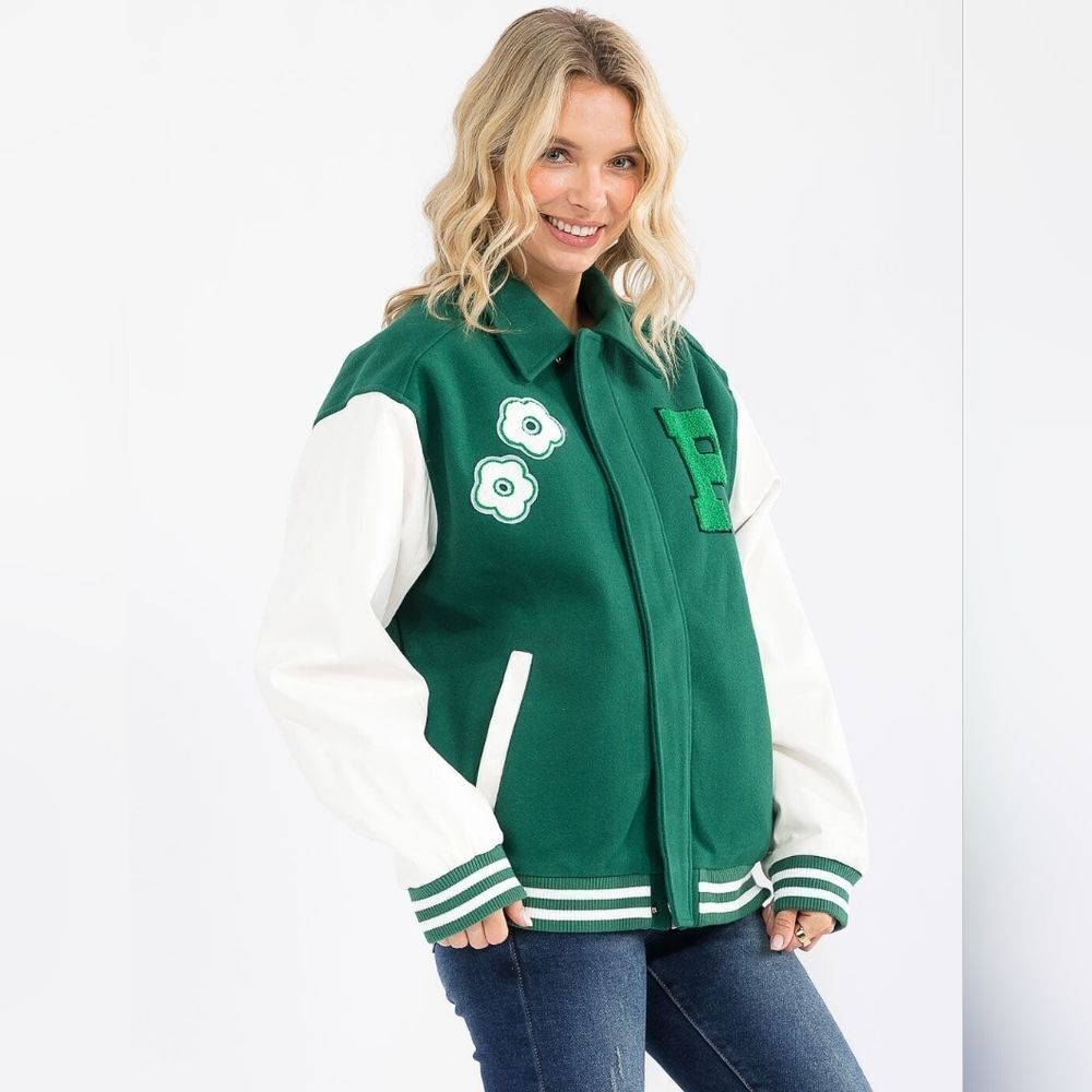 Women's Green and White Varsity Jacket